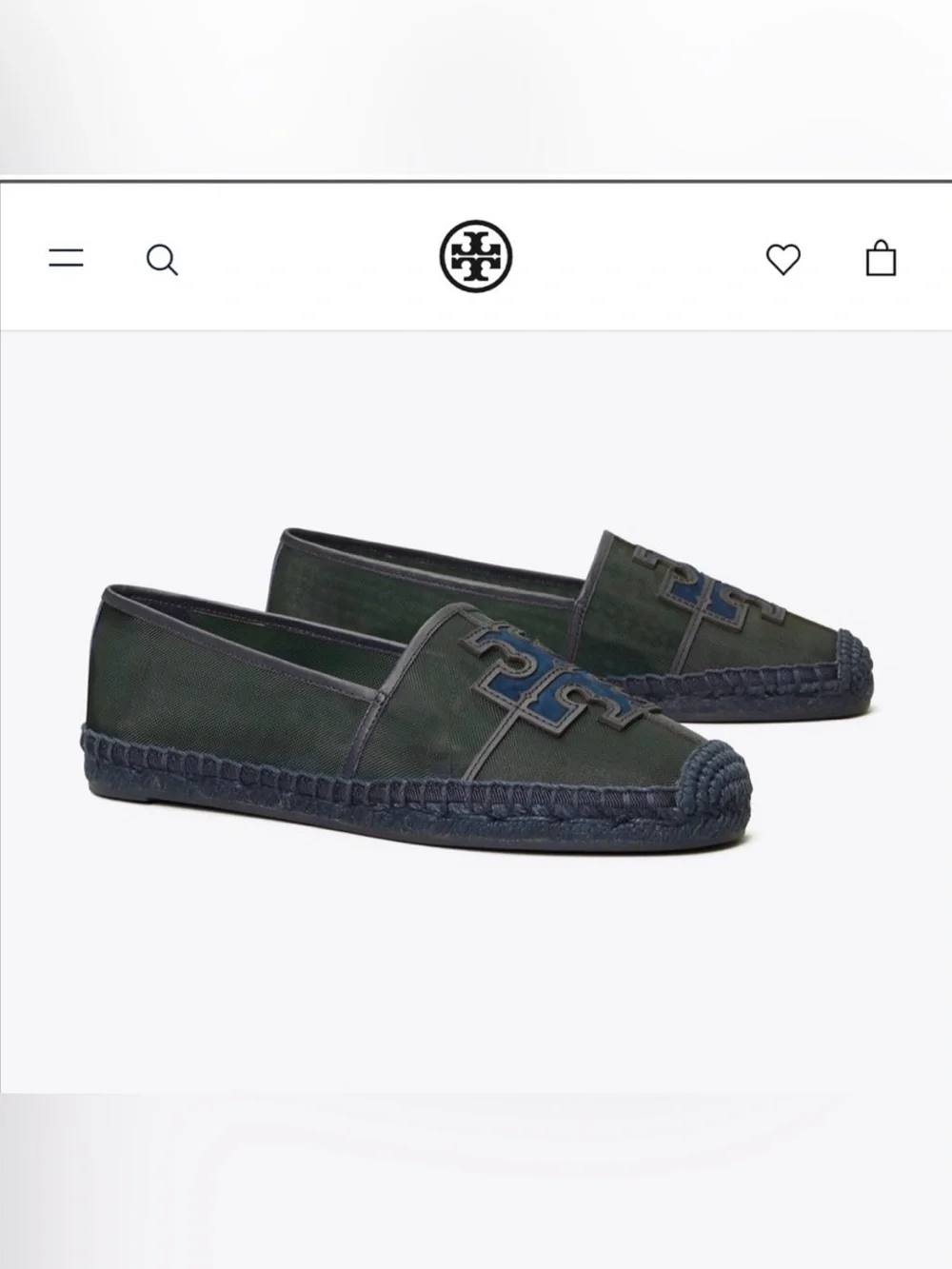 NEW Tory Burch Ines Mesh Leather Espadrille Slip On Shoe Malachite Perfect Navy